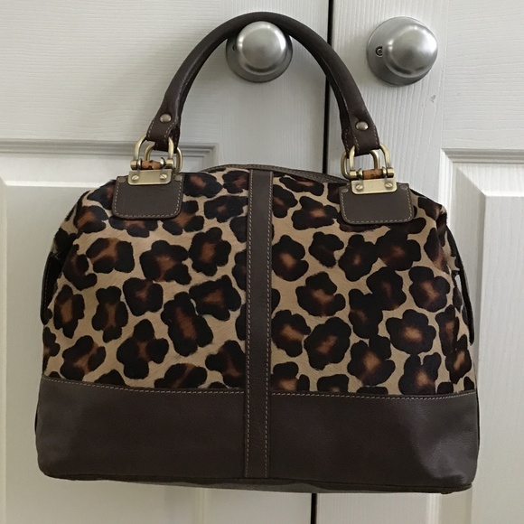 Claudia Firenze Handbags - Fabulous dark brown leather handbag with animal print cowhide in the front
